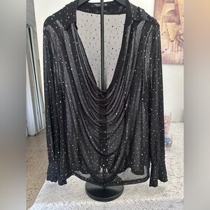 Shein Curve 1XL Black Sheer Rhinestone Top